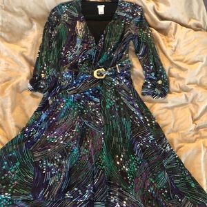 CACHE wrap dress; 3/4 “ sleeves, buckle waist to adjust. Never worn. Feels good.